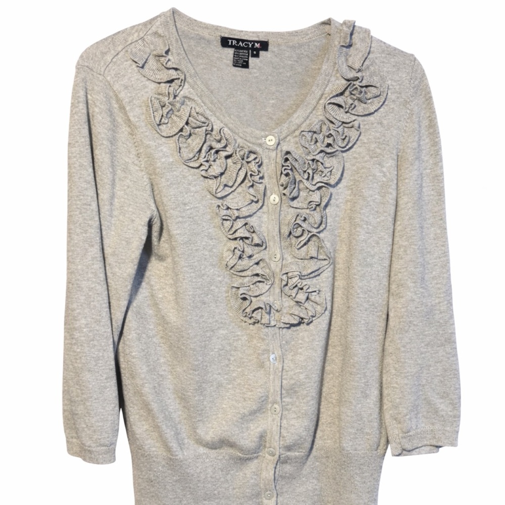 Tracy M Light Gray Ruffle Cardigan